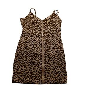 Leopard Print Full Zip Front Mini Dress Brown Animal Twill Bodycon Sleeveless